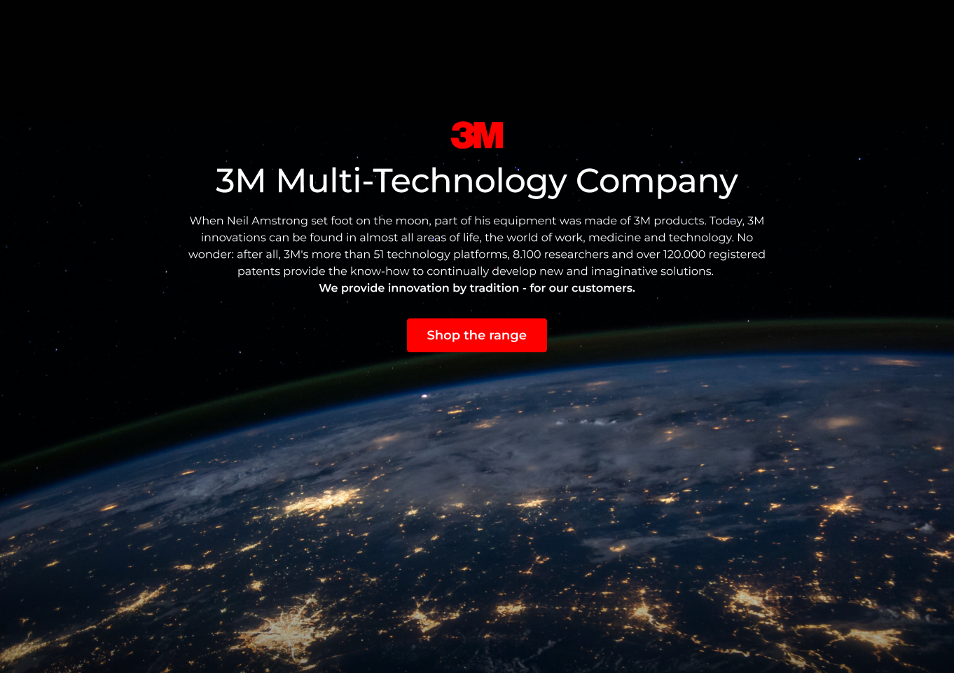 3M hero banner: Earth from space at night with 3M Multi-Technology Company messaging and Shop the range call to action.