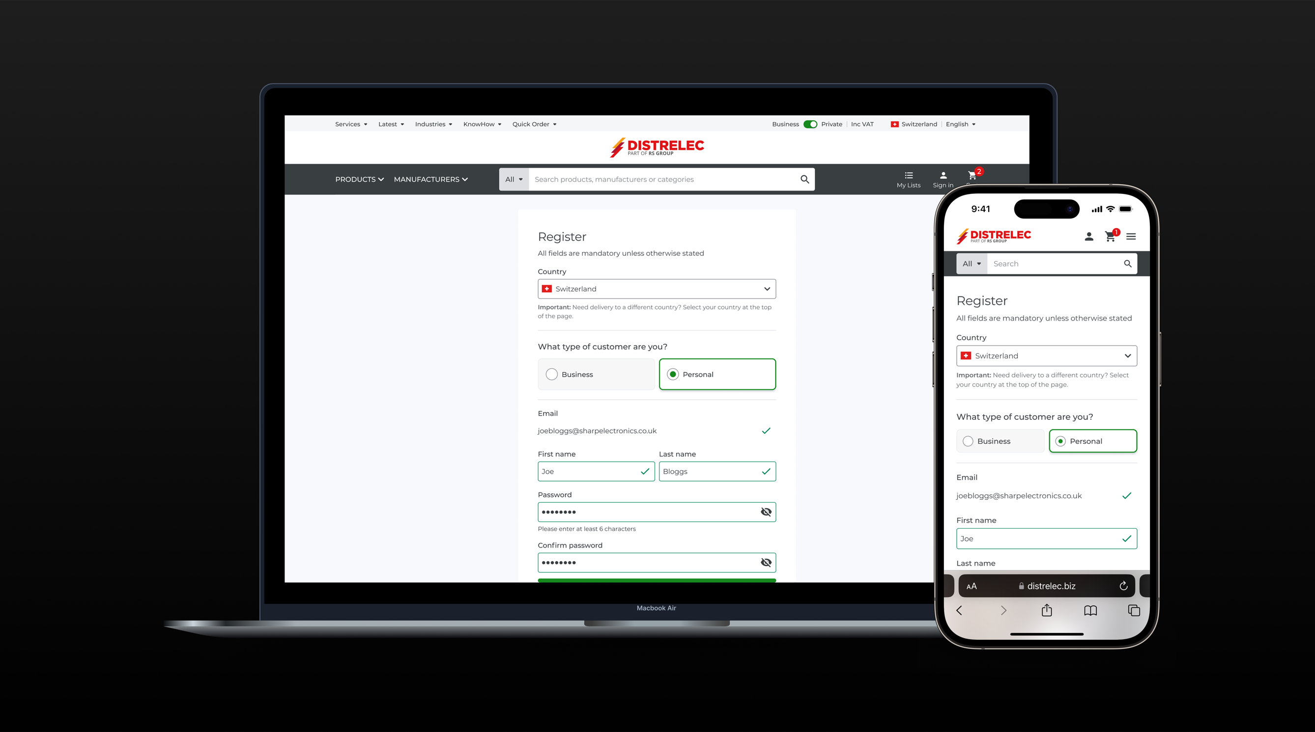 Distrelec responsive registration on MacBook and iPhone showing country, customer type, and validated form fields.