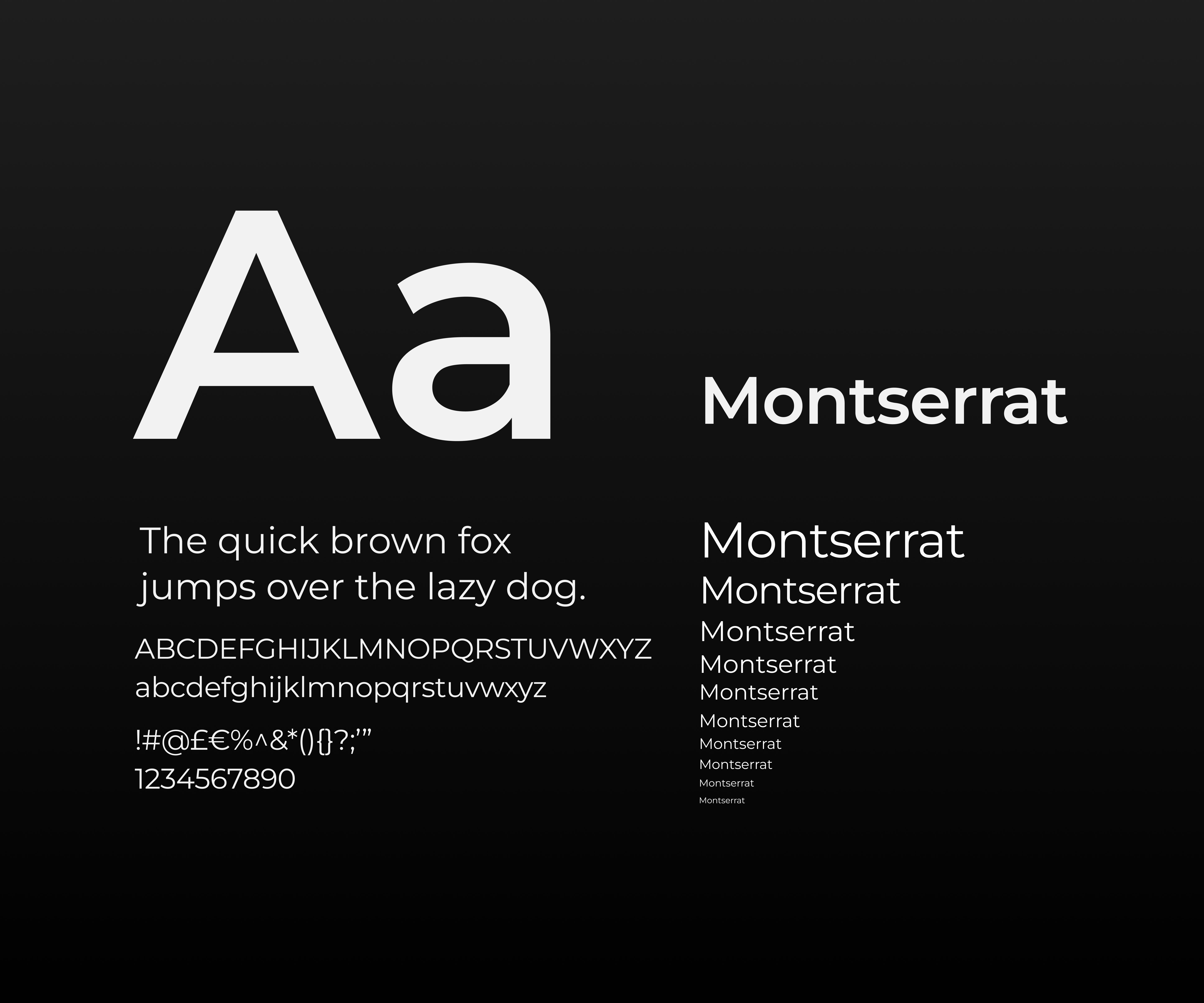 Montserrat typography specimen showing character set and weight scale.