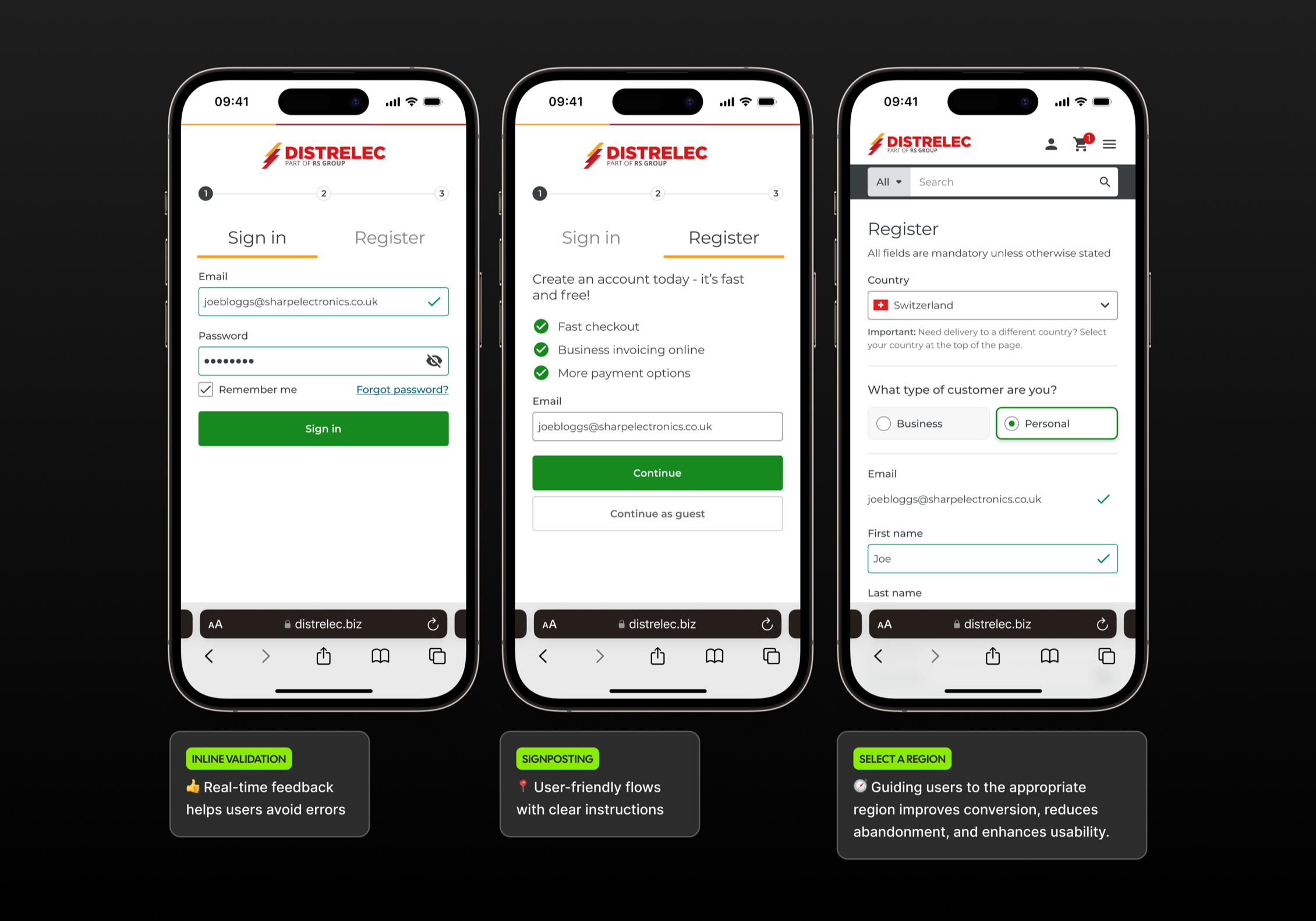 Three Distrelec mobile screens showing inline validation, registration signposting, and region selection.