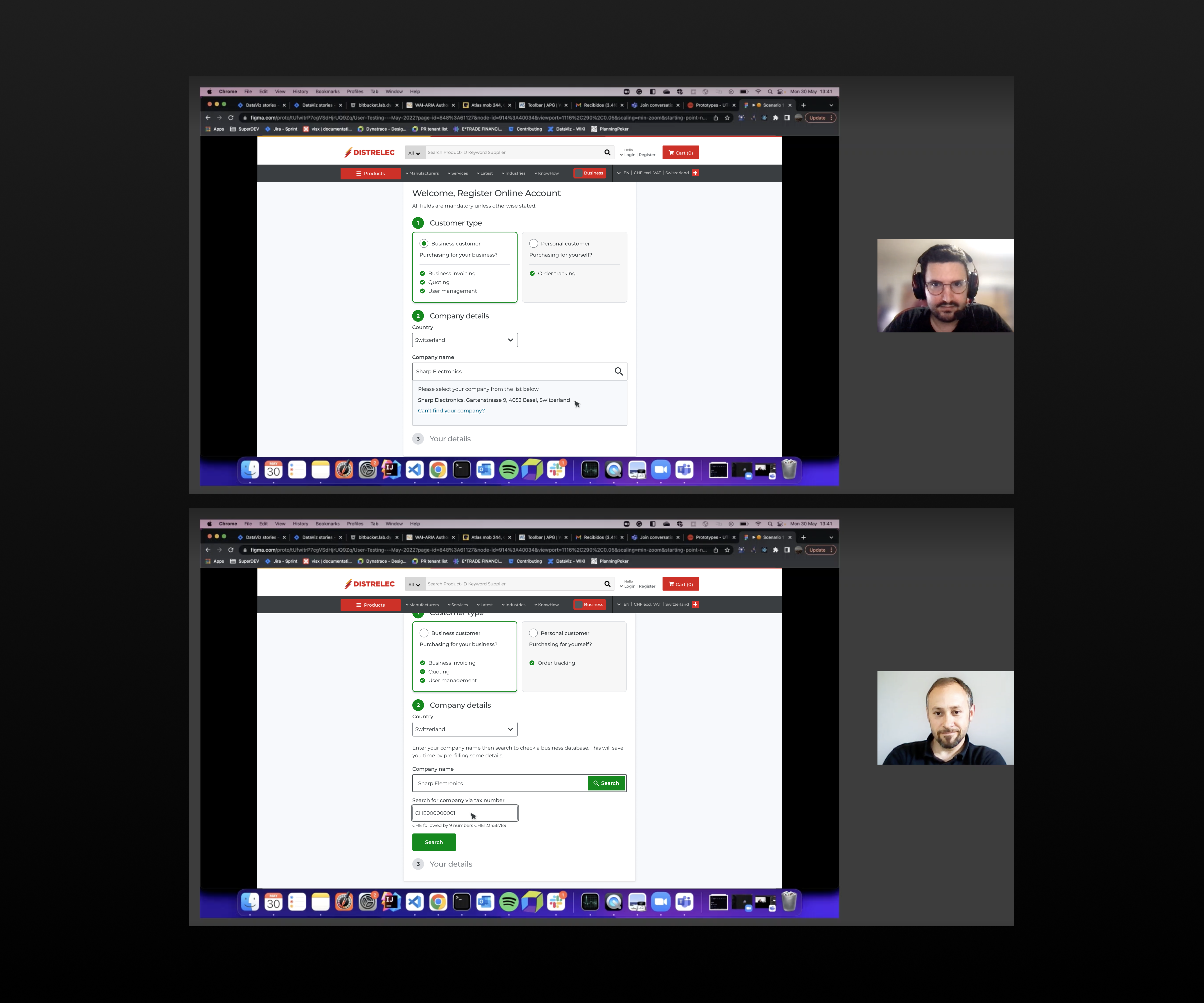 Two moderated Distrelec registration usability sessions showing company name search and tax number lookup flows.