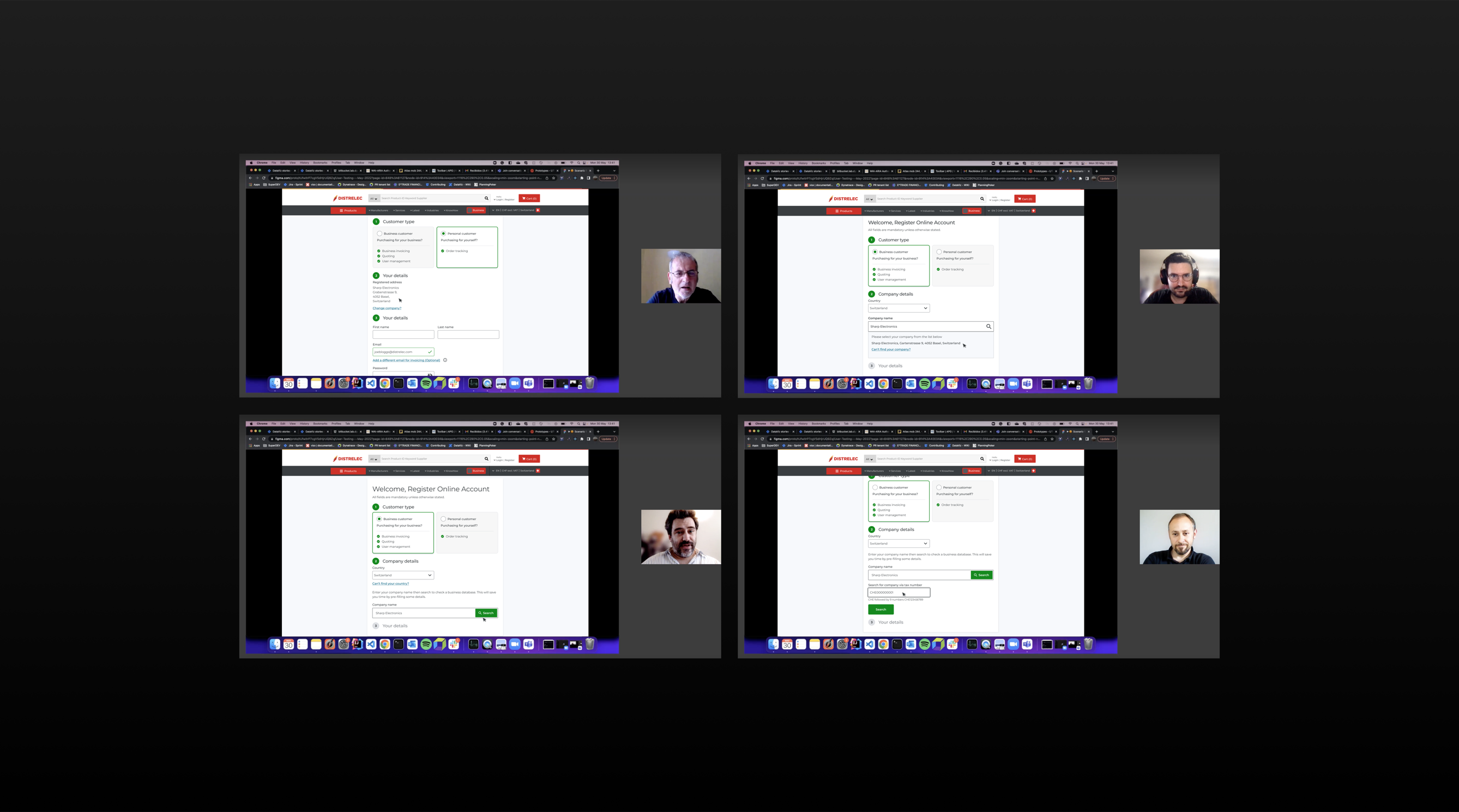 Four moderated usability sessions with participants reviewing the Distrelec registration flow.
