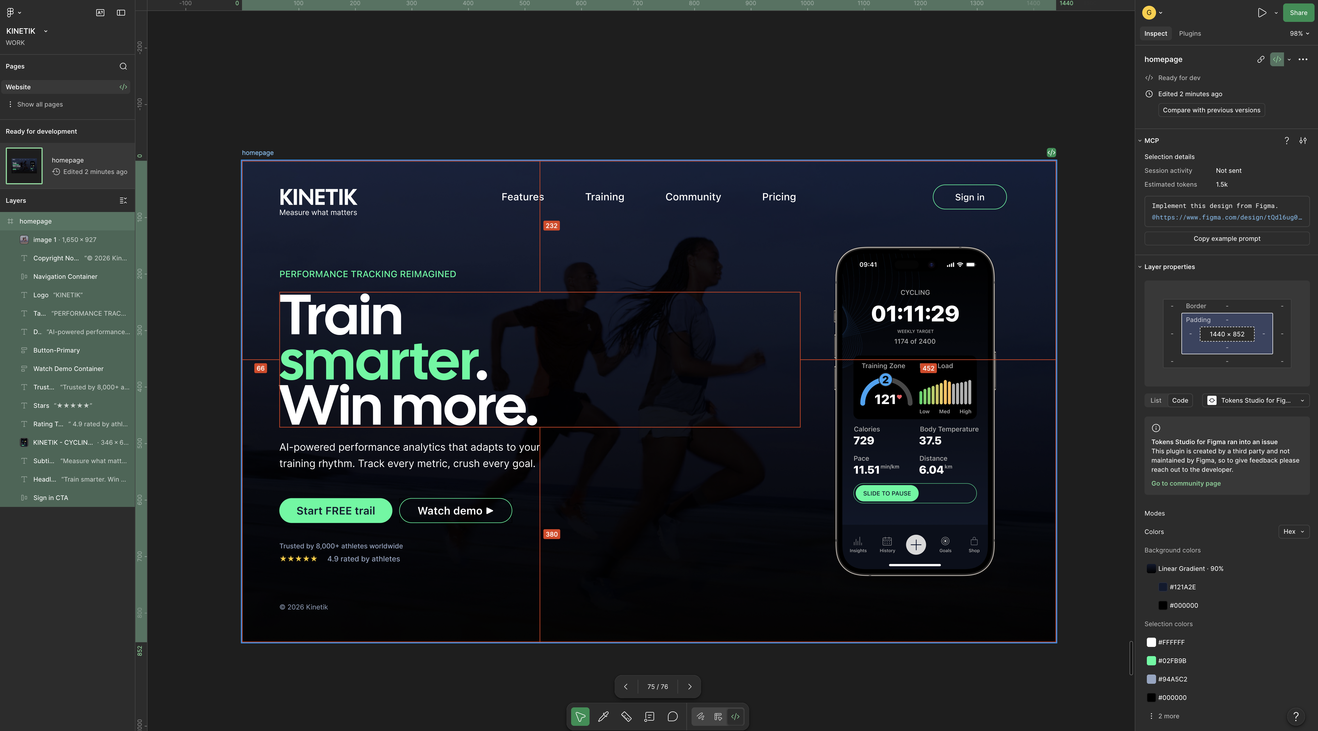 Kinetik website design shown in Figma Dev Mode.