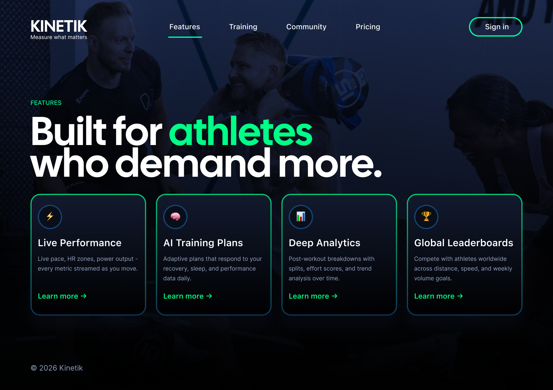 Kinetik features page showing performance cards and athlete-focused messaging.
