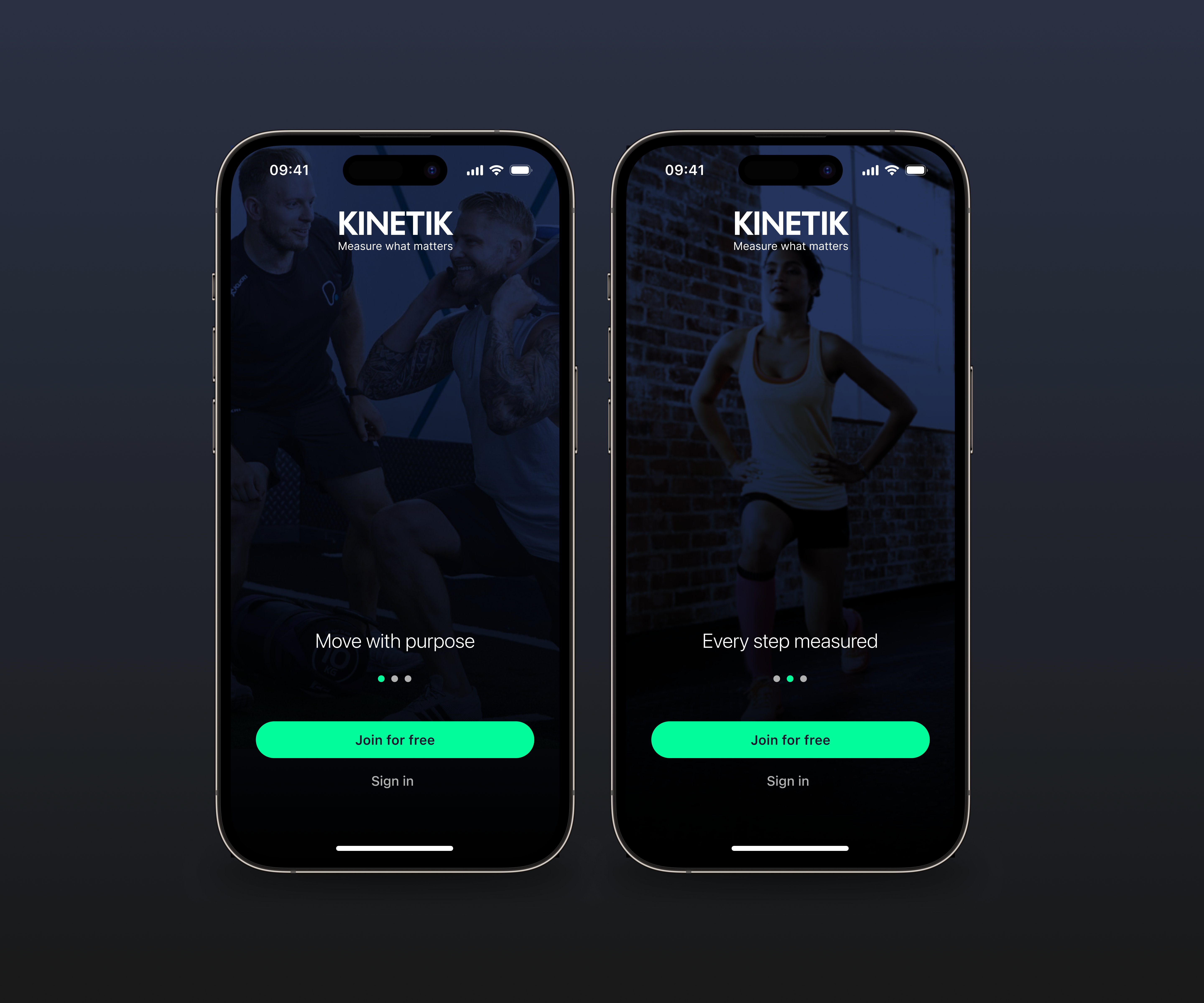 Kinetik onboarding screens on two iPhone mockups.