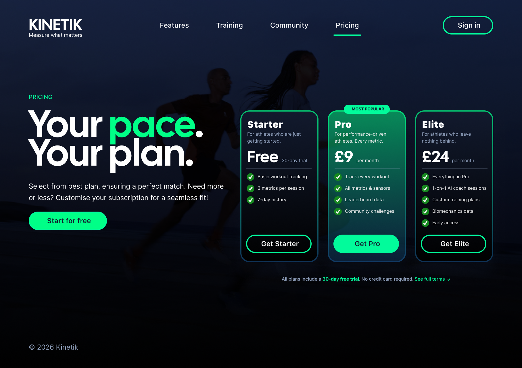 Kinetik pricing page showing plan cards and subscription options.