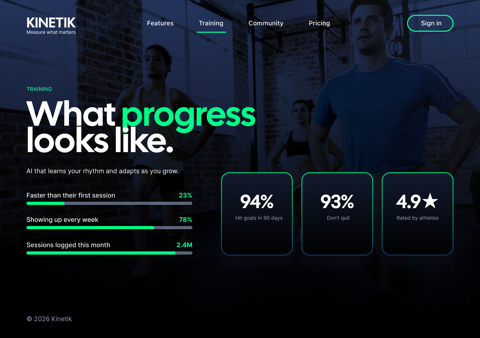 Kinetik training page showing progress metrics and athlete-focused performance data.