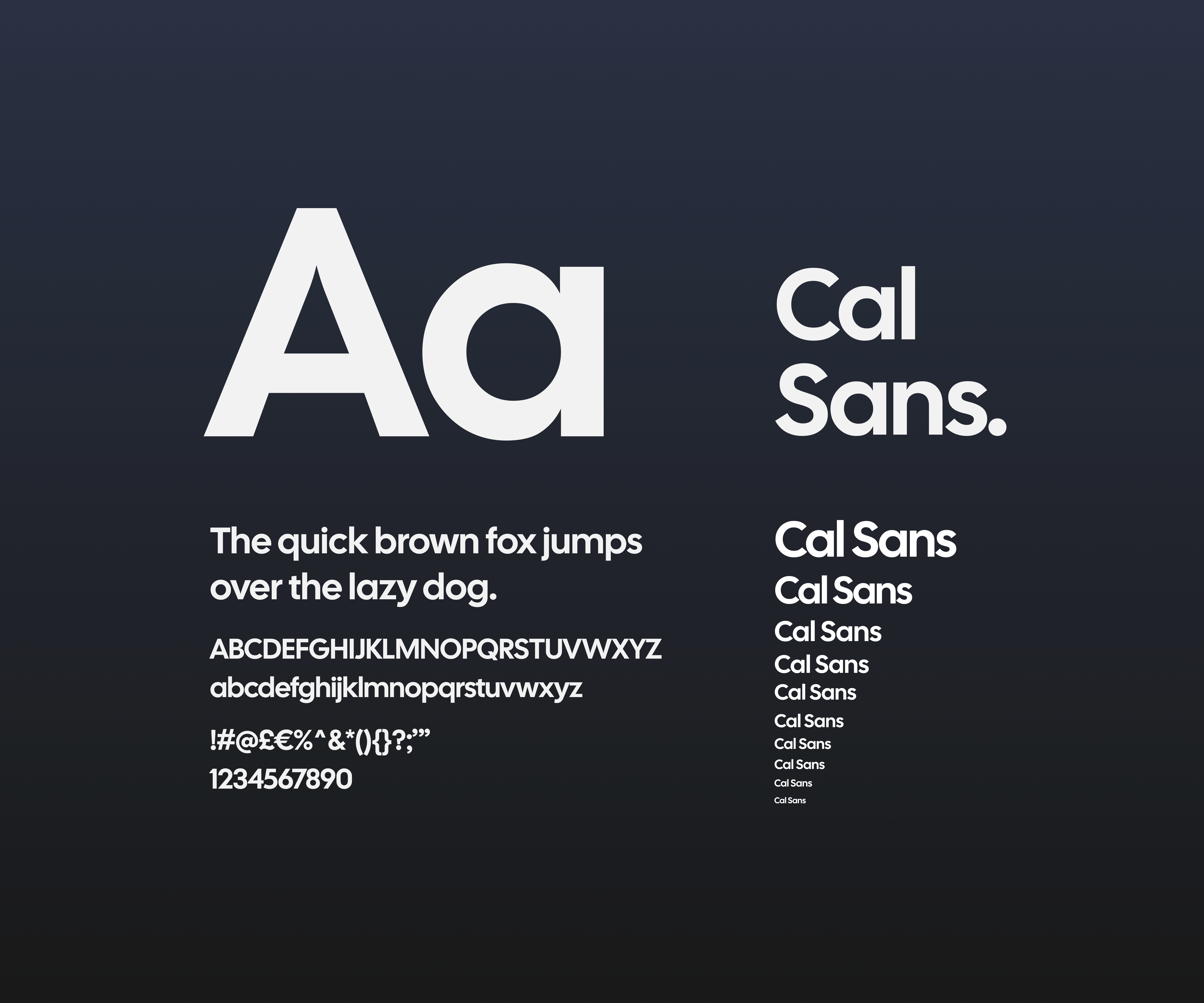 KINETIK typography specimen showing Cal Sans letterforms and text samples.