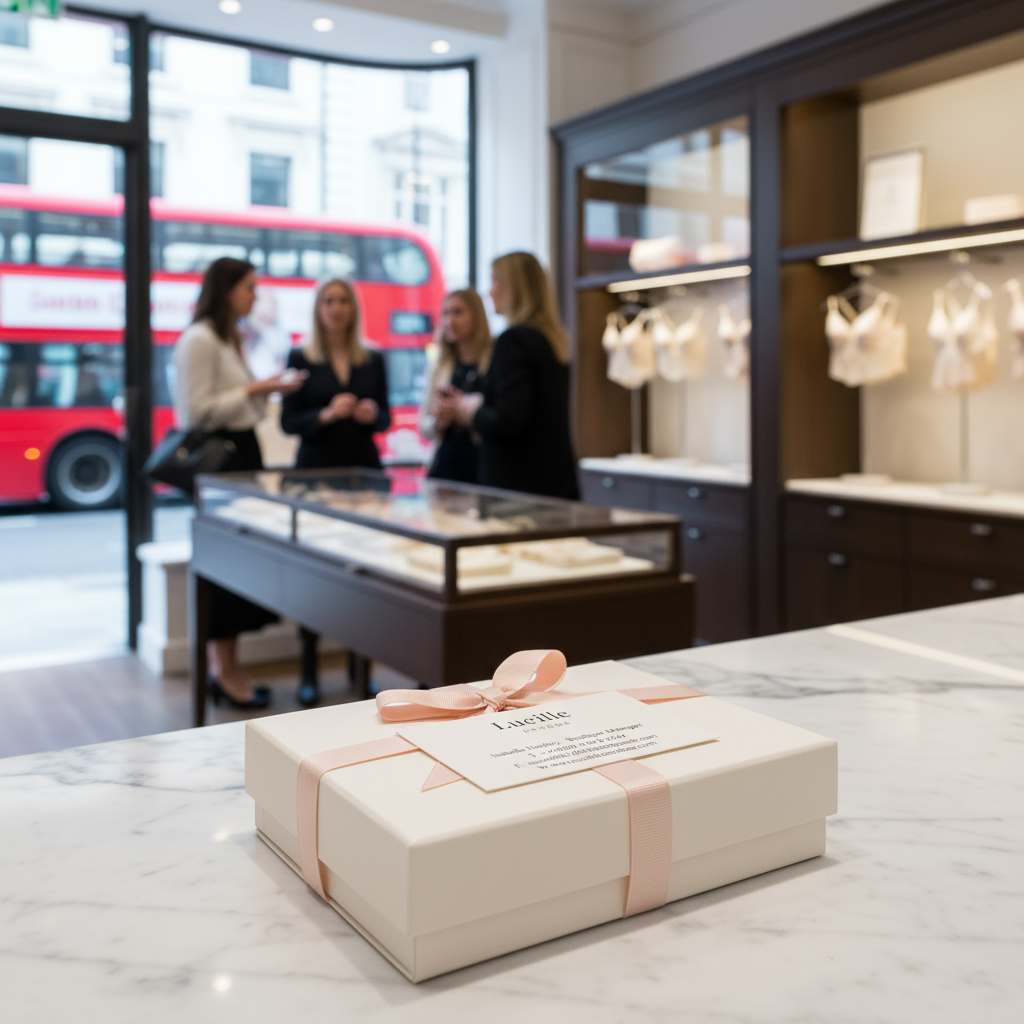 Lucille London branded gift box with ribbon in boutique.